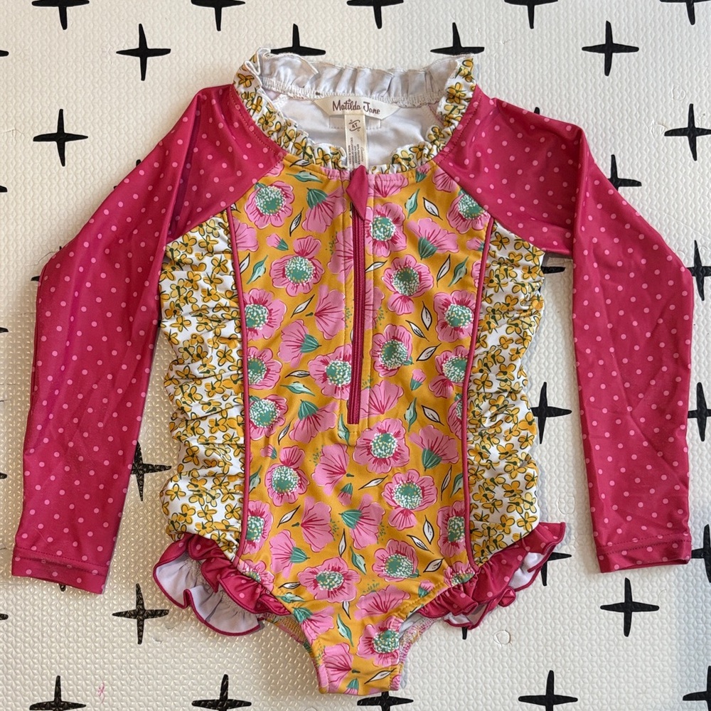 Matilda Jane Girls Floral Pink Yellow One-Piece Rashguard Swimsuit